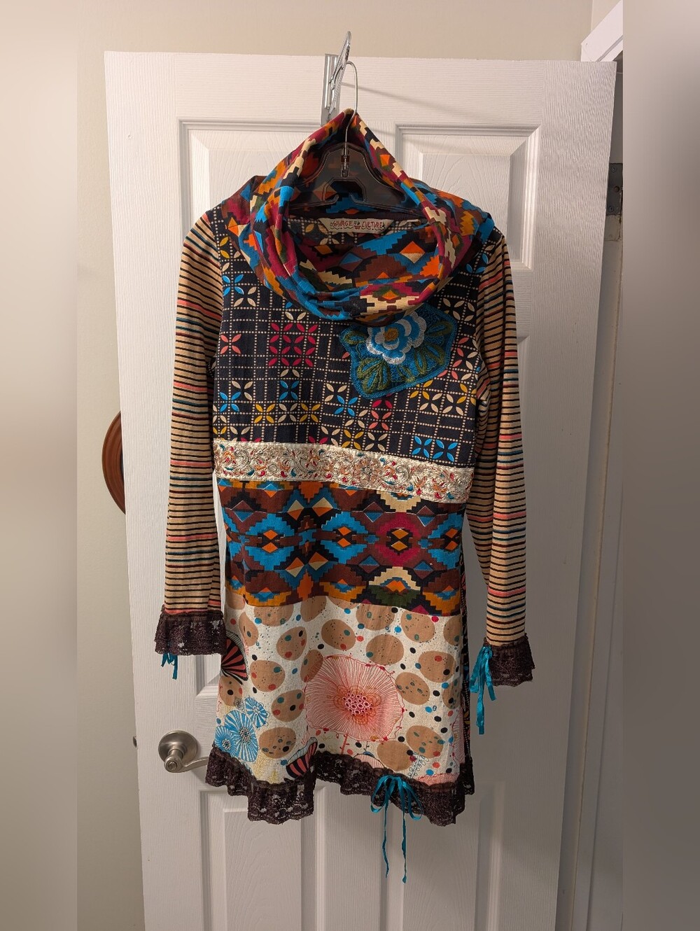 Colorful Boho Patchwork Dress with Floral Applique Ladies Size M Savage Culture